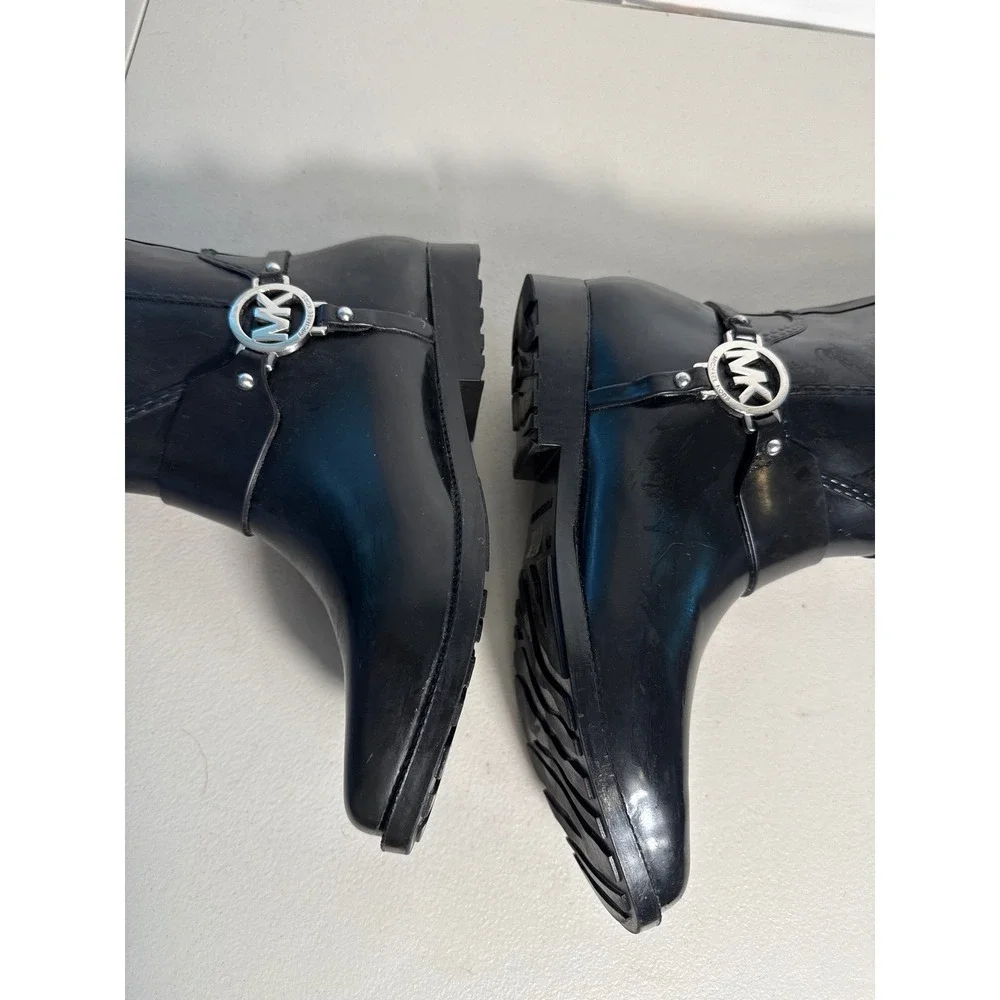 Michael Kors Fulton Harness Rain Boots Black Rubber Tall MK Logo Women 10M